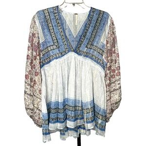 Free People Aliyah blue white floral cottagecore Boho Tunic Top size XS oversize